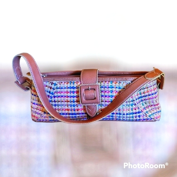 Vtg LIZ CLAIBORNE Y2k Pastel Rainbow Metallic Basket Tweed Carpet Baguette Bag - Picture 1 of 9